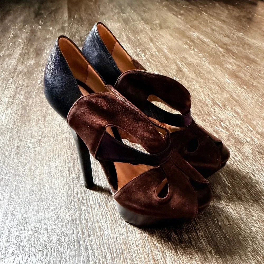 Fendi Platform Heels Womens 36.5 Brown Suede Black Leather Peep Toe Cutout Italy